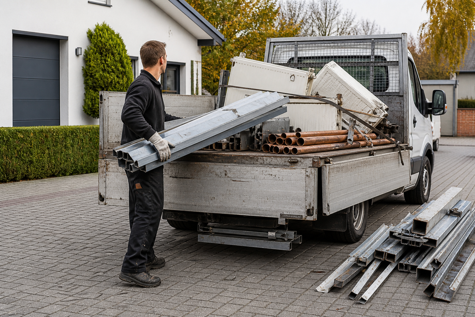 Mobiler Schrotthändler beim Verladen einer sortierten Schrottmenge